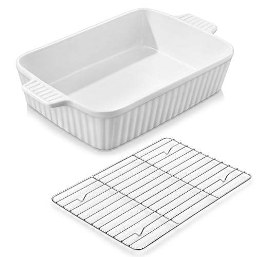 MALACASA 4.4 QT Baking Dish with Rack, 9x13 Large Casserole Dish for Oven, Ceramic Baking Pan with Rack, Rectangular Lasagna Pan Deep with Handles for Baking, Durable Microwave Oven Safe, White