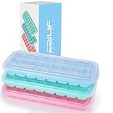 Ezilif Eiswürfelform Silikon mit Deckel 24-Fach 3er Pack, Eiswürfelformen Mit Deckel Ice Cube Tray LFGB Zertifiziert Eiswürfelschalen BPA Frei Eiswürfel einfach Herauszunehmen Blau/Pink/Grün