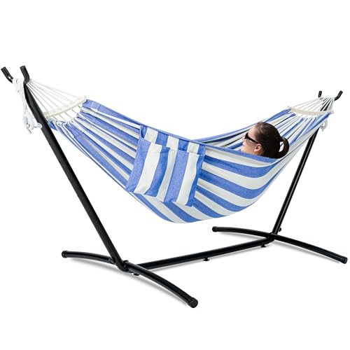Image of GAFETE Double Hammocks with Stand for Outside, Max 600lbs, (Blue & White) | Upgraded Spreader Bar, 9FT Heavy Duty & Space Saving Stand, Easy Assemble, Convenient Side Pocket, Indoor & Outdoor, Patio