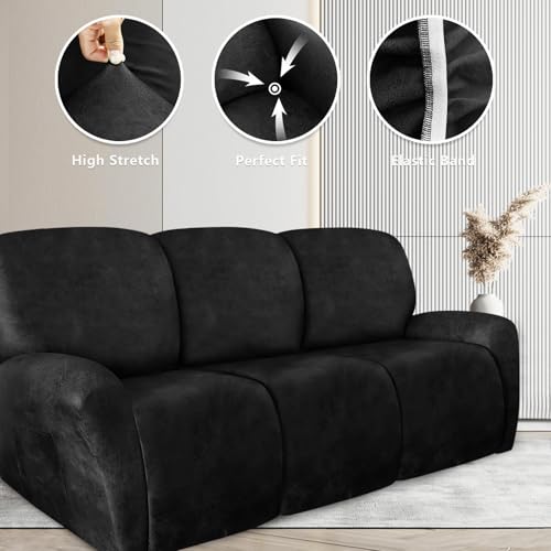 Image of ANARACHON Recliner Couch Cover Leather Look Recliner Sofa Covers for 3 Cushion Reclining Sofa Slipcovers 8-Pieces Furniture Protector Spandex Fabric Washable (3 Seater, 02 Black)