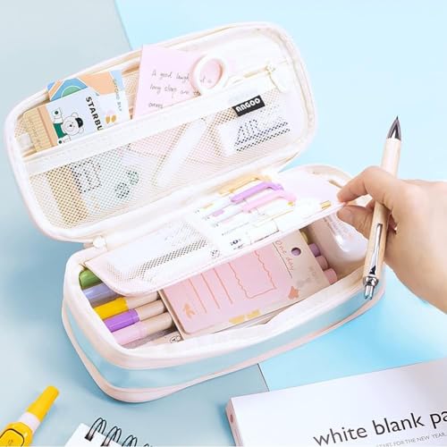 Image of Canvas School Bag Pencil Case, 3 Layer 6 Compartment Large Capacity, Aesthetic Pencil Pouch for Stationary, Cute Stationery for Kids, Pencil Case for Girls & Boys (Light Blue)