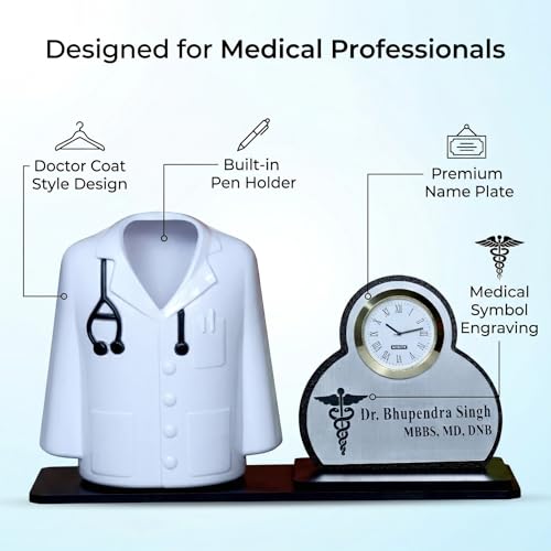 Image of Premium Apron /Coat Shape Pencil Holder for Clinic and Office Desk with clock | personalized gift for doctor Pen Stand | The best gift for doctors female, male & Medical Aspirants