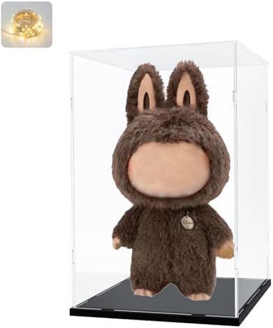 Vitrina Expositora para Colecciones para Zimomo Labubu Pop Mart I Found You Angel in Clouds Muñeco Peluche, Cajas Acrílica Transparente Grande Espesado con Base de Madera, Interior Negro 35x30x60cm