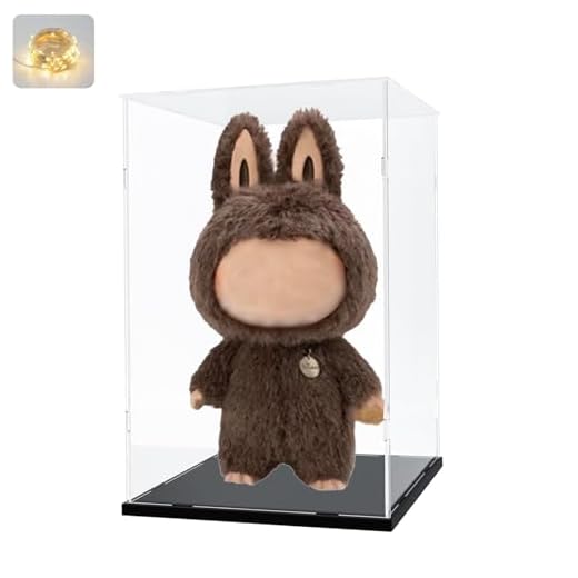 Thickened Clear Acrylic Display Case for Zimomo for Labubu for Pop Mart I Found You Angel in Clouds Doll, Showcase Box for Big LABUBU Large Toy with Wooden Base & Light, Black Inside 13.8x11.8x23.6in