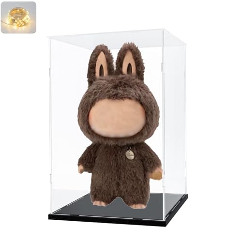 Vitrina Expositora para Colecciones para Zimomo Labubu Pop Mart I Found You Angel in Clouds Muñeco Peluche, Cajas Acrílica Transparente Grande Espesado con Base de Madera, Interior Negro 35x30x60cm