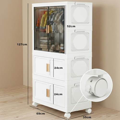 Image of KRISHYAM Modular Plastic Wardrobe with Transparent Sliding Doors & Drawer Storage | Multi-Layer Clothes Organizer Cabinet with Wheels (2 Layer - 1 Transparent Door (White))