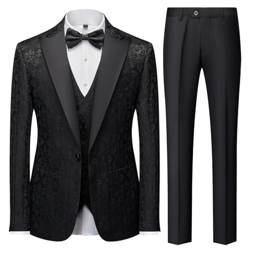 UNINUKOO Men's 3 Piece Suit Formal Dinner Classic Wedding Prom Regular Fit Peak Lapel Tuxedo for Men US Size M Floral Black