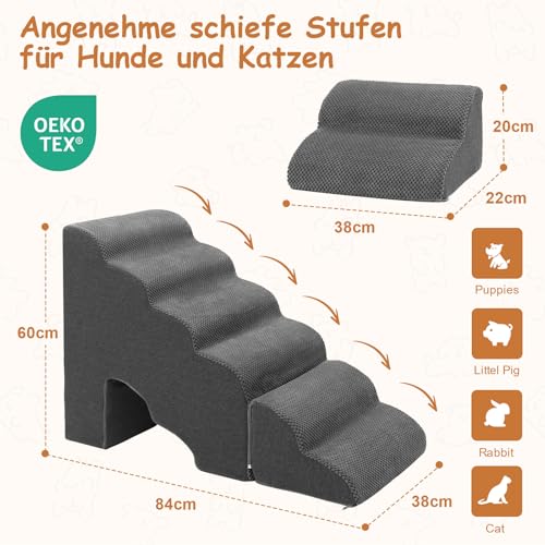 Hundetreppe 60cm Hoch für Bett, 6 Stufen Hunderampe für Boxspringbett, rutschfeste Haustiertreppe/Rampe für kleine/verletzte Hunde, Katzen, Farbe in Dunkel Grau