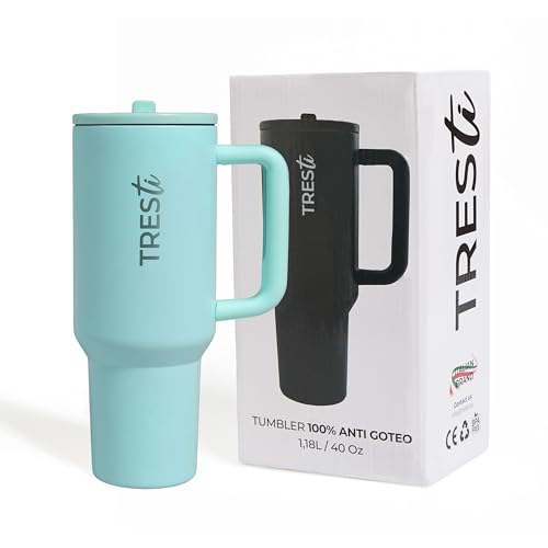 TRESTi Botella Térmica de Acero Inoxidable - 1,2L - Tumbler 100% Antigoteo - Mantiene Frío/Calor - Para Café, Te, Bebidas, Viaje, Deporte - Termo con Asa - Turquesa