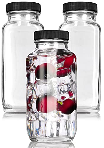 Juvitus 8 Oz Clear Thick Plated Glass French Square Bottle Jar With Lid (3 Pack) Perfect For Home, Travel, Juicing, Kombucha #TOP19