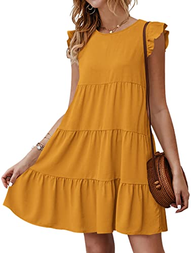KIRUNDO Women's Casual Dresses 2026 Summer Sleeveless Ruffle Sleeve Round Neck Loose Short Flowy Tiered Pleated Mini Dress(Dark Yellow, X-Large)