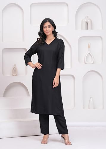 Image of ANILINE Women's Rayon Solid plain v neck kurta Trouser /Pant set