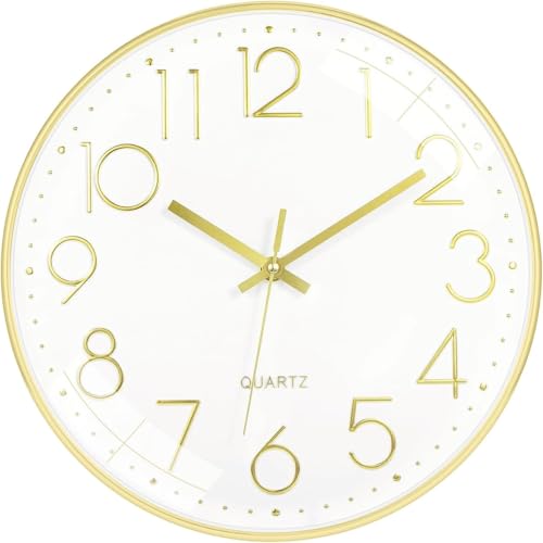Image of TEKCOOL Plastic Digital Wall Clock 12 inch Silent Quartz Decorative Non-Ticking Classic Clock Battery Operated Round Easy to Read for Room /Home /Kitchen /Bedroom /Office /School- (Gold White);