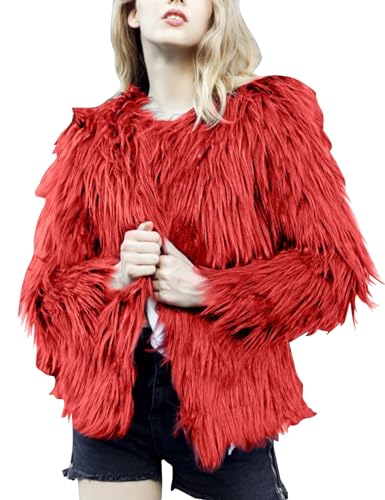 Flygo Faux Fur Coat Women Faux Fur Jacket Fluffy Open Front Cardigan Shaggy Short Coat Fall Winter Jacket(Red-S)