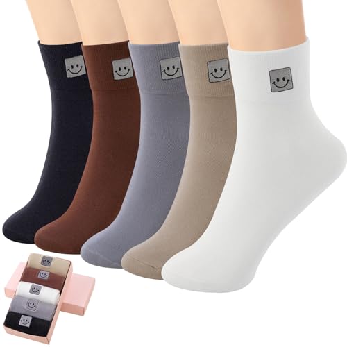 Image of HUGSWEET Cotton Soft Comfy Crew Ankle above Socks for Women Gift 5-10 Pairs | Colorful Casual Cute Funny Smiley Face Quarter Mini Crew Thin Socks, Elastic Lightweight Gifts for Women