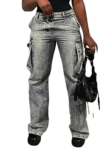 Flamingals Cargo Jeans for Women Straight Leg High Waist Casual Flap Pocket Black Wash
