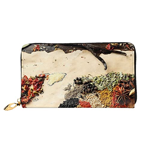 FEETOX Long sac à main en cuir avec carte du monde et épices - Portefeuille d'affaires en cuir pour cadeaux, Noir , Taille unique