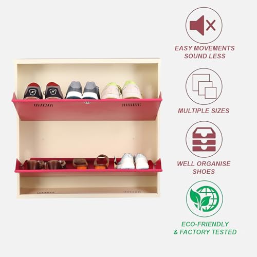 Image of Metal Shoe Rack Wall Mounted for Home with Central Locking 2 Door 28 inch Wall Mounted Metal 6 Pair Shoe Rack Cabinet Pre-Assembled Rack Shelves 3 Year Warranty (Pink & Ivory)