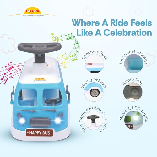 Image of Toyzone Happy Bus Ride On - Blue | Toddler Ride-on | Lights & Music | Ride-on with Easy Storage | Grip Wheels | Make in India | Indoor & Outdoor | for Kids 2+ Years