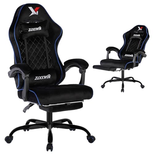 Velvet Gaming Chair, Ergonomic High Back Racing Chair with Footrest, Spring Wide Cushion, Adjustable Headrest & Lumbar Support, 90-135° Recline, 360° Swivel, 300lbs for Home Office, Blue by ZJXKWIN - Used condition - US$104.32