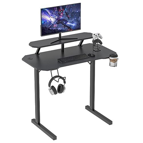 Bureau Gaming, Bureau Informatique pour Gaming PC Informatique, Table en Fibre de Carbone, 100 x 54 x 74 cm Noir Desk avec Porte Gobelet et Crochet pour Casque