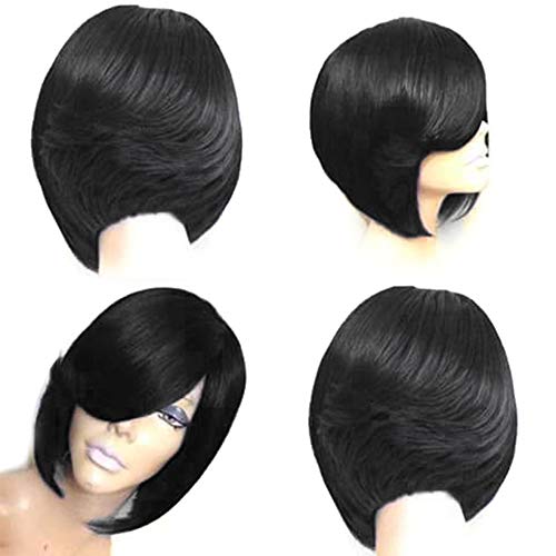 Short Straight Bob Hair Wigs with Side Bangs, KIXIGO Highlights Natural Looking Synthetic Heat Resistant Wig for Women 11" (Black)