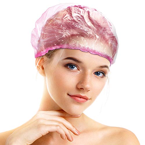 200 Pieces Disposable Shower Caps Elastic Plastic Hair Caps Multi-Functional Bath Caps for Women Men Home Hotel Salon Travelling Spa Favors (Pink)