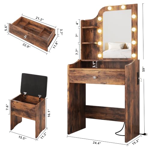 Image of LIKIMIO Small Vanity Desk with Mirror Lights, Storage Stool, Vintage Brown