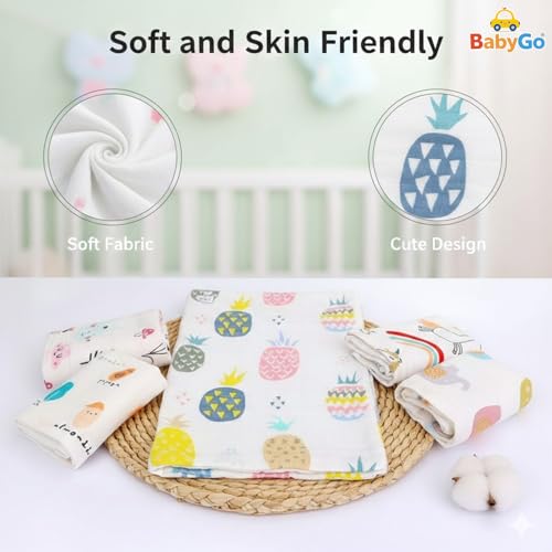 Image of BabyGo Muslin Baby Washcloths - 6 Layer Ultra Soft Cotton Baby Towels | Highly Absorbent Face Towels for Newborns, Kids & Toddlers | Quick Dry Burp Cloths & Bath Essentials (Large) - Pack of 5