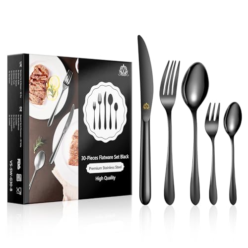 vancasso Besteck Set für 6 Personen, 18/10 Edelstahl Besteckset mit Messer/Gabel/Löffel/Dessertlöffel/Dessertgabel, 30-Teilig Schwarzes Besteck mit Geschenkbox, Robust und Rostfrei Spülmaschinenfest