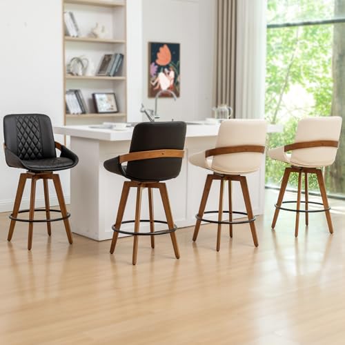 Image of Bar Stools Set of 2, Mid Century Modern Retro Swivel Bar Chairs, Furniture with Curved Back, Faux Leather Upholstered and Walnut Wood Frame for Bar /Pub /Island (Black, 29.5 inch-2 PCS)