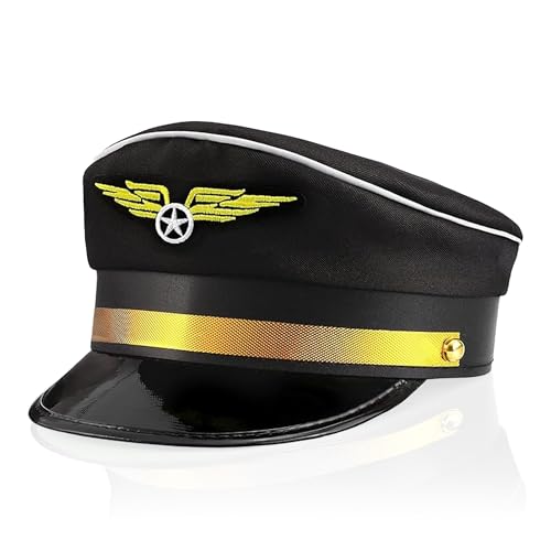 Pilot Hat | Airplane Pilots Cap | Pilot Dress Up Hats | Aviator Hats Costume | Black Captain Hat | Airline Dress Up Cap | Airline Costumes Outfit | Flight Captain Accessories | Black | Adjustable