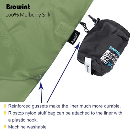 Image of Browint Silk Sleeping Bag Liner, Silk Sleep Sheet, Sack, Extra Wide 87 inchx43 inch, Lightweight Travel and Camping Sheet for Hotel, More Colors for Option, Reinforced Gussets, Pillow Pocket