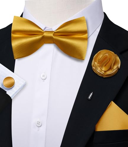 Image of Solid Color Bow Ties for Men Silk Pre-tied Tuxedo Bowtie Set 4PCS | Pre-tied in 3 seconds,adjustable 4PCS bow tie and pocket square cufflinks lapel pin set,wedding,formal,party,prom,graduation