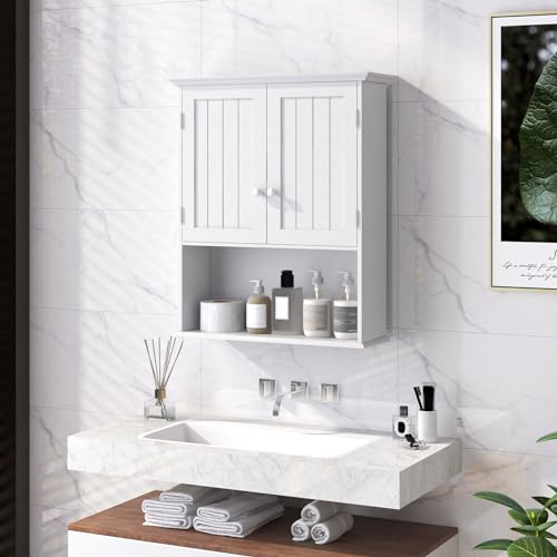 DREAMADE Space-Saving Wall-Mounted Cabinet, Medicine Storage Cabinet for Bathroom with 2 Doors, Adjustable Shelf and Open Compartment, Rounded Handle, 8