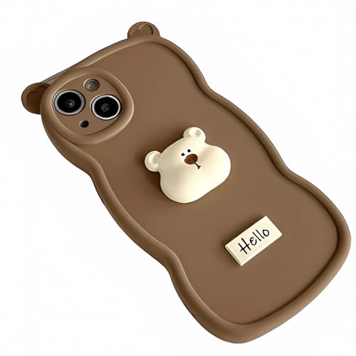 NICEHOLI iPhone 16用 ケース 日韓風 3D 漫画 ハローベア 細穴 保護カバー ケア クマ 耳 ソフトエッジ 人気 TPU フルパッケージ ストラップホール付き 漫画 インス 風 シリコン かわいい キャラクター クマ 3D 効果 耐衝撃 傷つきにくい レンズ保護 ソフトフォンケース スマホケース(iPhone 16 brown)