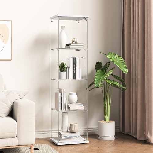 Vitrina de Cristal,164x42.5x36.5cm,Vitrina Expositora para Colecciones con 4 Estantes 1 Puerta con Cerradura,Gabinetes de Vidrio para Salón Dormitorio,Pasillo,Vitrina Cristal,Blanco