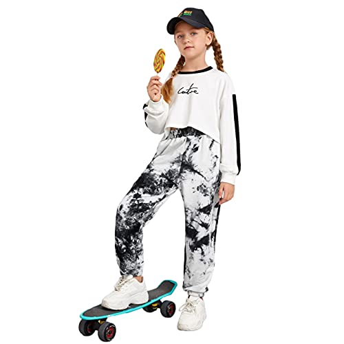Gorboig Girls Sweatpants Tie Dye Joggers Cotton Pants with Pockets, Black & White Girls Pants 10Yrs