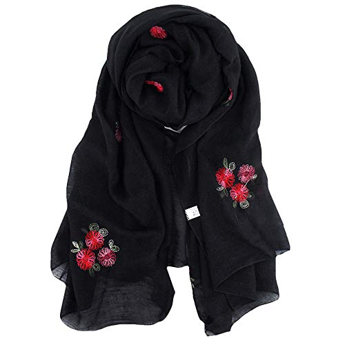 Women Exotic Style Floral Embroidery Cotton Linen Scarf Spring Autumn Long Scarf Summer Beach Shawl Wrap Black