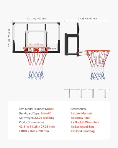 Image of VEVOR Basketball Hoop, 44 54 Inchs PC Backboard Wall Mounted, Basketball Portable Hoop & Goal, Indoor & Outdoor with Hand-Crank Adjustment, Classic Basketball Court, Teens, Adults, Schools, Parks
