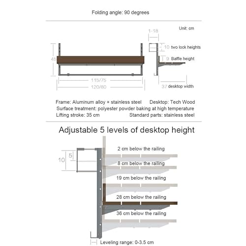 Table de balcon pliante et réglable marron pour balustrade de terrasse - 6