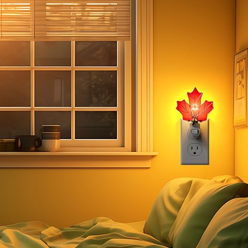 Image of Stained Glass Maple Leaf Night Lights Plug in for Home,7W Warm Light