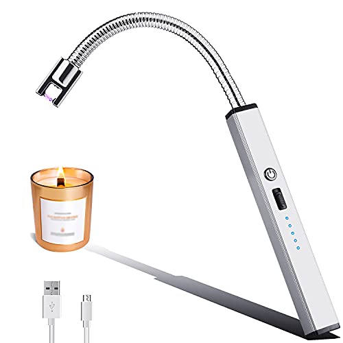 Aolfay Lighter,Rechargeable Lighter Candle Lighter Electric Lighter USB Lighter â€‹Grill Lighter Plasma LED Battery Display Safety Switch Arc Lighter for Camping Cooking BBQ Fireworks,Silver