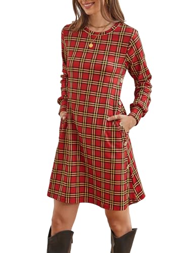 Kikibell Plaid Dresses for Women Christmas Sweater Casual Long Sleeve Dresses for Women Red Plaid L