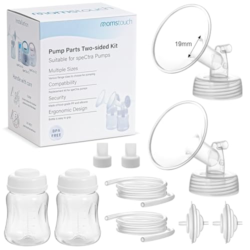 Image of Momstouch Pump Parts Compatible with Spectra S1/S2/9 Plus, Not Original Accessories, Full Set Replacements Include 19mm Flange, Duckbill Valve, Backflow Protector, Tubing and Bottle