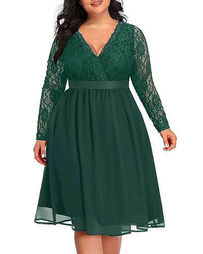 Image of Pinup Fashion Plus Size Lace Chiffon Wrap V Neck Dresses Women Cocktail Wedding Guest Midi Dress