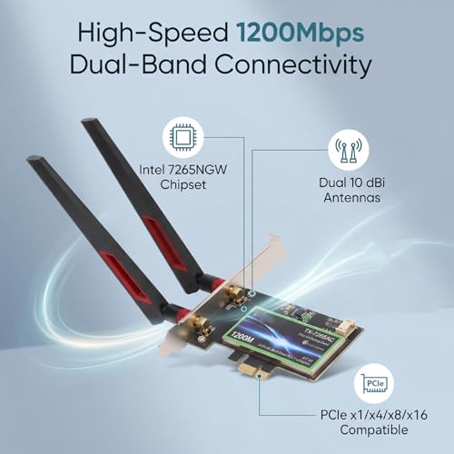 Zunate 7265AC Tarjeta WiFi PCIe, Adaptador de Red Bluetooth 4.2 de Doble Banda 1200Mbps con Antenas Duales de 10dBi para PC Windows 7, 8, 10, 11 miniatura 2