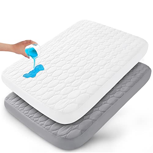 Image of Pack and Play Sheets Fitted Quilted Waterproof Protector, 2 Pack Playard Mattress Pad Compatible with Graco Pack n Play, Mattress Cover fits for Baby Playpen Mattress, Mini Crib, Gray & White