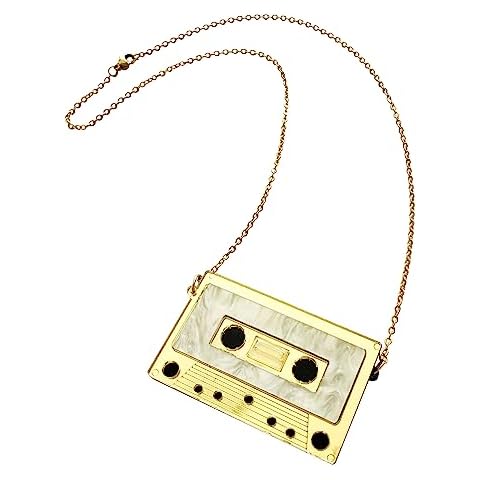 Womens Mens Retro 1980s Music Cassette Music Tape Pendant Vintage Style Costume Novelty Chain Necklace (Gold) Cover