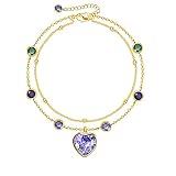 G&GEMSJEW Purple Heart Anklet for Women, 14K Gold Plated Layered Anklet Gold Beaded Chain Ankle Brac